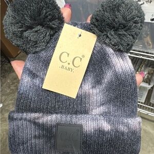 C.C Infant size, Charcoal with Lavendar Knit Hat with Pom-Poms